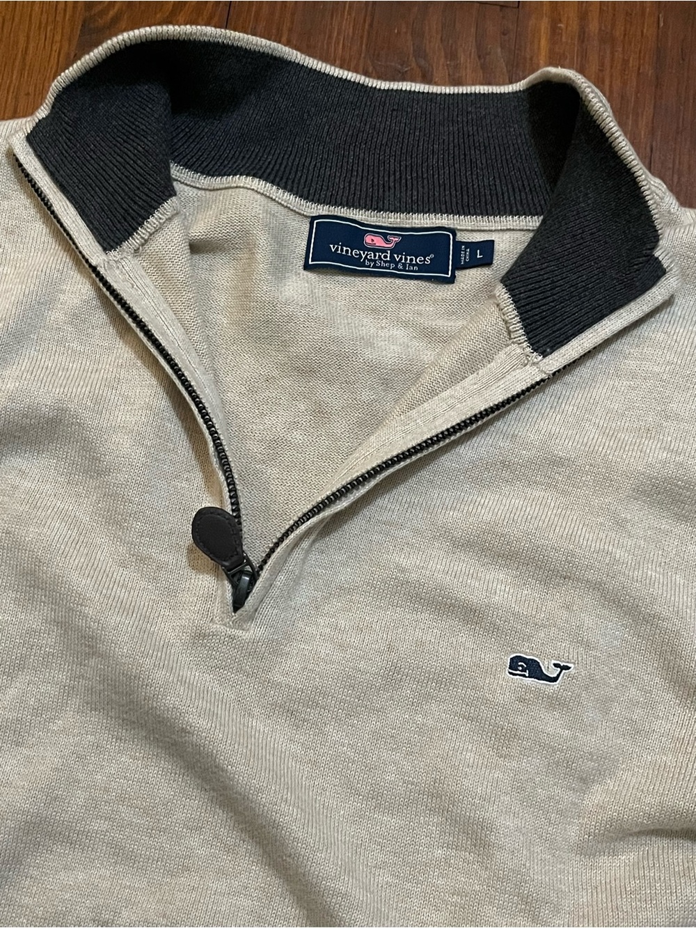 Vineyard Vines Heather Oatmeal Knit Quarter-Zip Sweater with Charcoal Collar